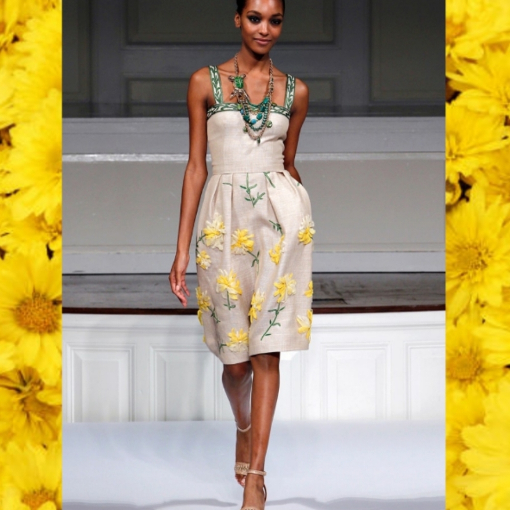 $4,000 OSCAR DE LA RENTA EXQUISITE LINEN LEAF FLOWER EMBROID RUNWAY DRESS US 2